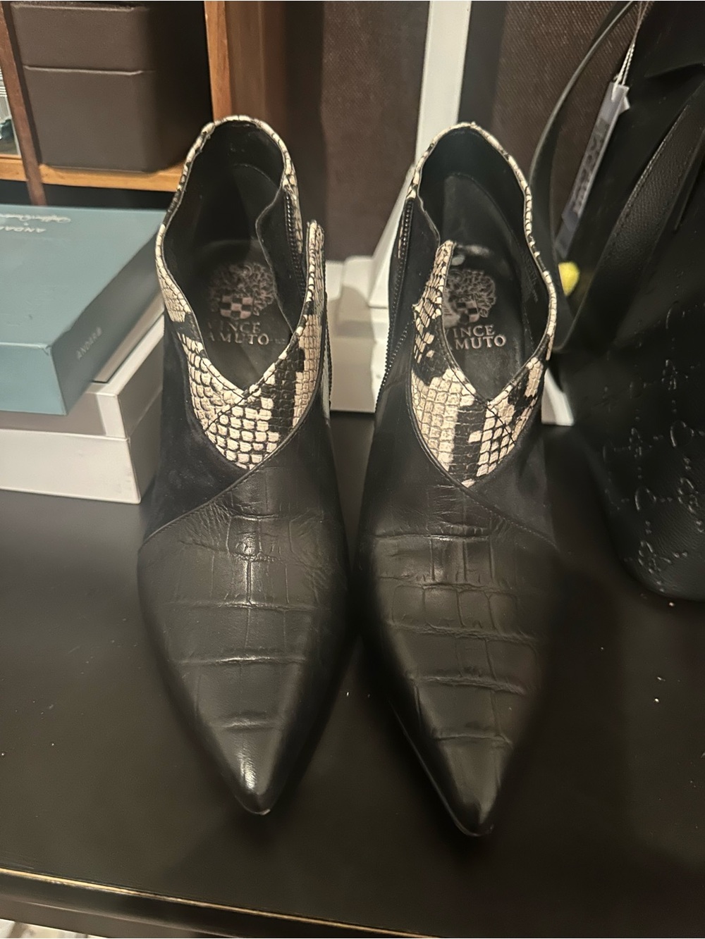 Vince Camuto Black Leather Pointed Ankle Booties with Snake-Print Collar